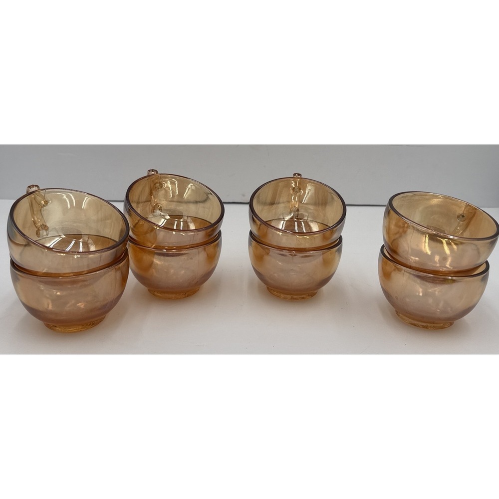 Vintage Set of 8 Peach Iridescent Depression Glass Tea Cups Scroll Handles